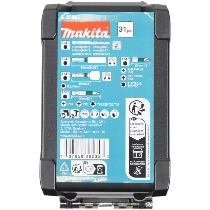 Borenset Makita E-22866 — 31-delig, verschillende maten voor hout, metaal, metselwerk