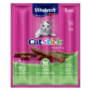 Vitakraft CatStick Mini vochtige kattensnacks kip met gras, 3 st. — 18 g, vlezige kipsmaak, 28% vocht