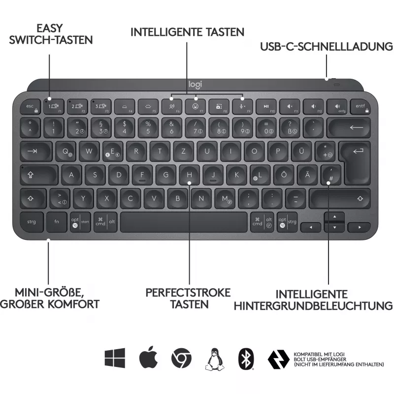 Logitech MX Keys Mini - toetsenbord - verlicht - Bluetooth - QWERTZ - Zwitserse layout - graphite (920-010485)