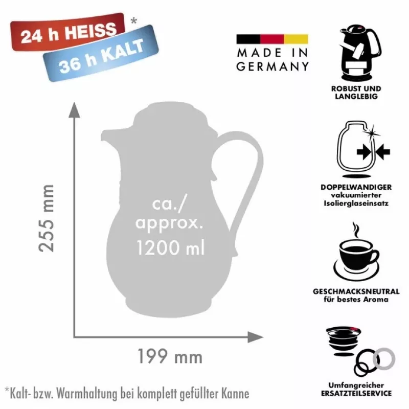 Thermoskan ROTPUNKT 1,2 L, ivoor — 24 u heet / 36 u koud, handgreep, 199×255 mm