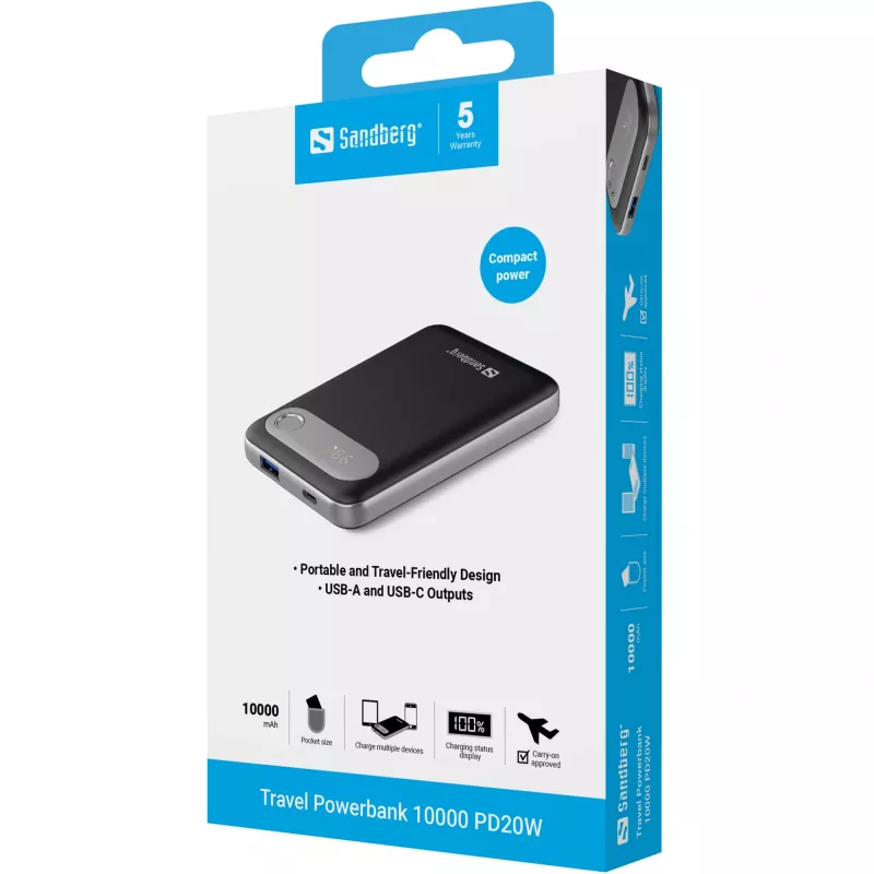 Powerbank Sandberg Travel powerbank 10000 PD20W 10000 mAh lithium-polymeer