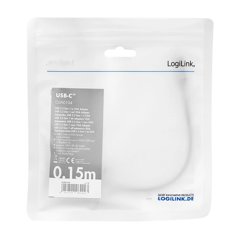 USB Type-C naar VGA (D-Sub) video-adapterkabel LOGILINK CUA0104 0,15 m, grijs/zwart