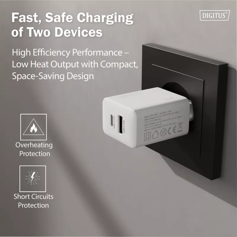 AC USB-oplader DIGITUS 20W, 1x USB-C, 1x USB-A, ingang 100–240V, wit