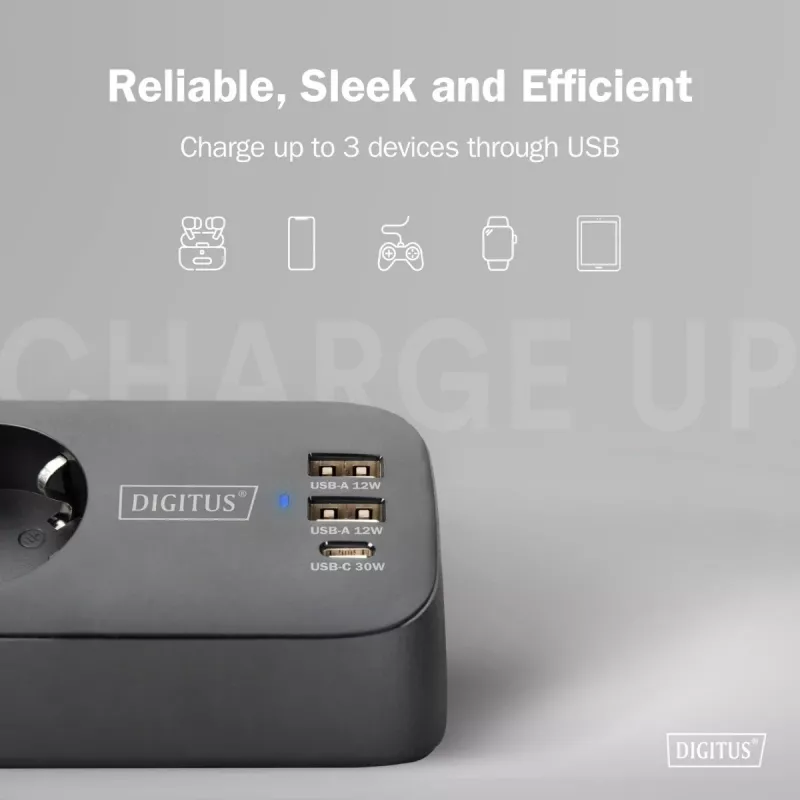 Meervoudig stopcontact DIGITUS 3-voudig met 2×USB-A & 1×USB-C, 3 AC-stopcontacten type E/F, 1,5 m kabel, zwart