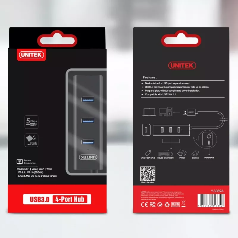 UNITEK Y-3089 interfacehub USB 3.2 Gen 1 (3.1 Gen 1) Type-A 5000 Mbit/s zwart