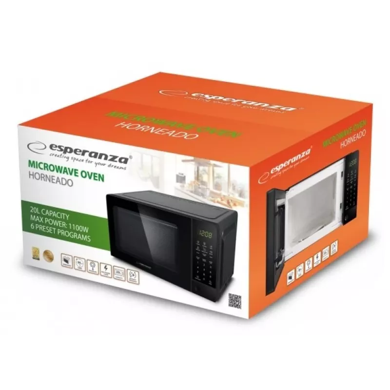 Esperanza EKO009 Horneado solo magnetron, vrijstaand, 700 W, 20 l, draaiplateau van 24,5 cm, zwart