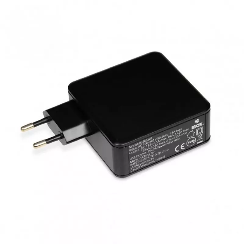 Laptopvoeding IBOX IUZ65WA, AC/DC automatisch 100–240V → 18,5–20,5V, 65W, 1×USB, zwart