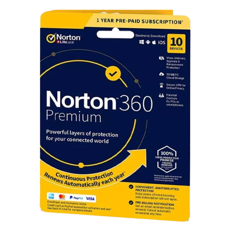 Norton 360 Premium | 10 apparaten | 1 jaar | 75 GB cloudopslag | EU | NON SUB |
