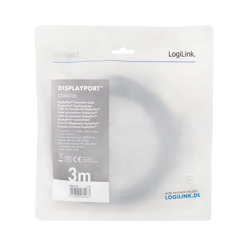 LogiLink CDA0106 DisplayPort-kabel zwart grijs 3 M