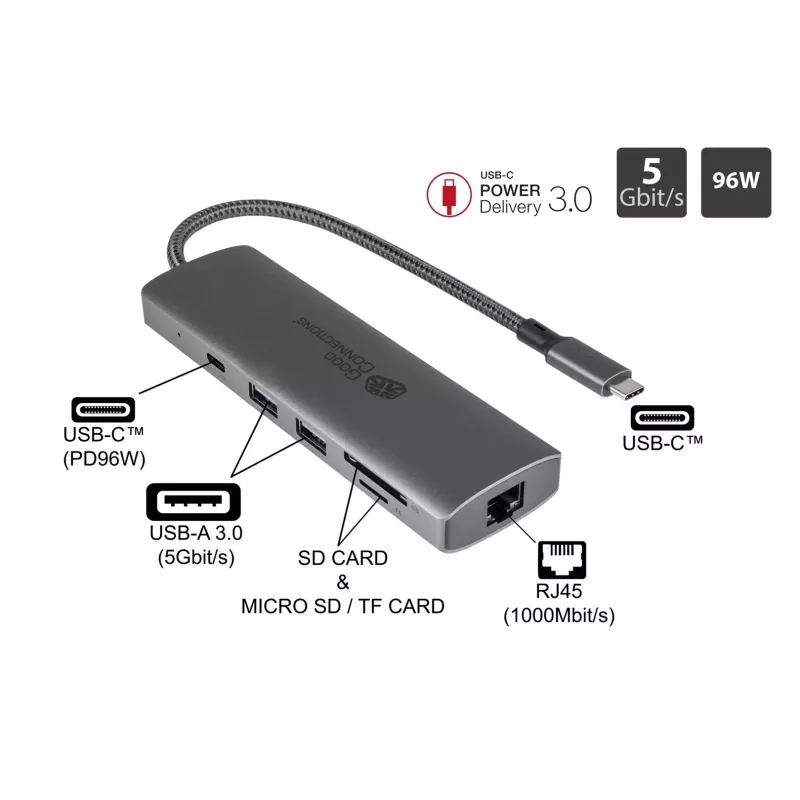 Alcasa HUB-C001A interfacehub USB Type-C 5000 Mbit/s antraciet