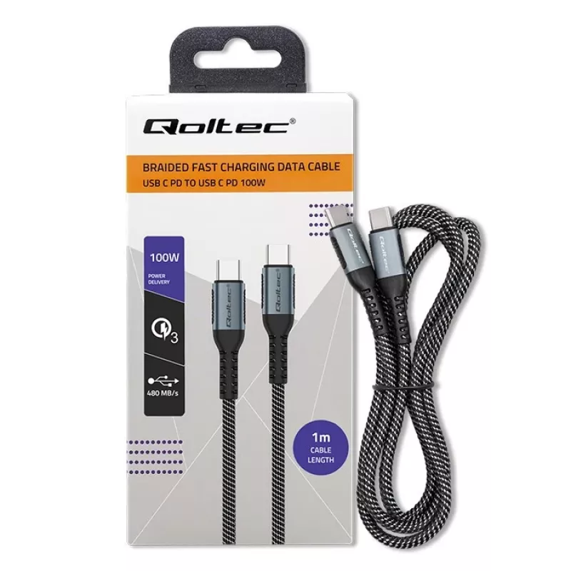 Qoltec kabel USB 2.0 Type-C naar USB 2.0 Type-C 100W QC 3.0 PD 1m zwart