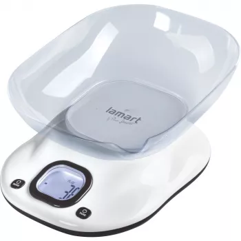 Keukenweegschaal LAMART LT7073 — touchbediening, groot LCD, afneembare kom, eenhedenkeuze (g/ml/lb:oz), AAA-batterij