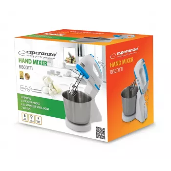 Staafmixer ESPERANZA EKM019WB — 150 W, 2,5 L-kom, 7 snelheden, kneedhaken, dubbele garde, wit