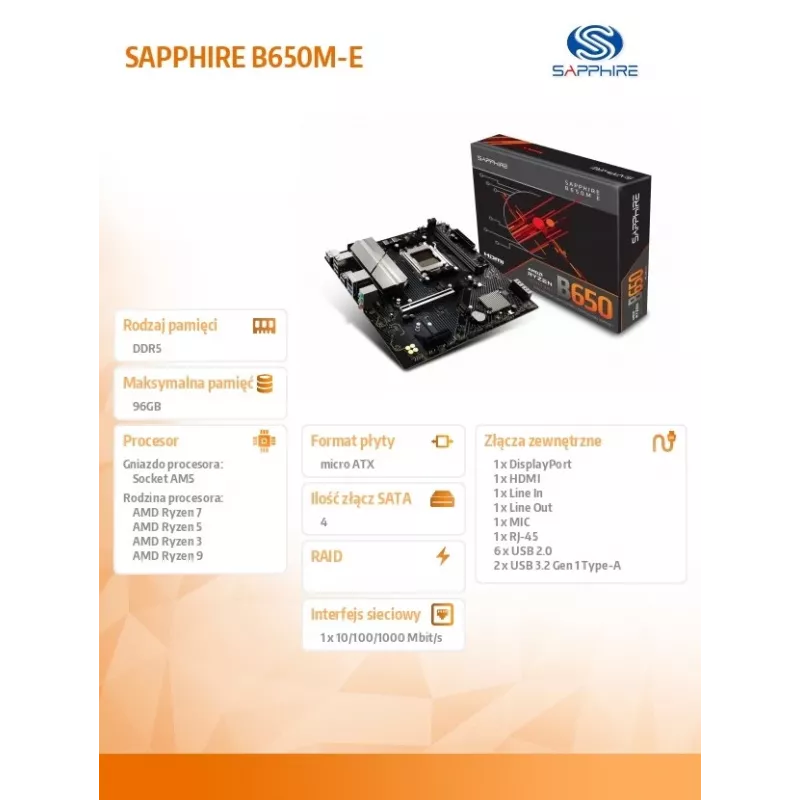 Moederbord Sapphire B650M-E (AMD B650) micro ATX, socket AM5, DDR5, 2x DIMM, 96GB, 2x M.2 (PCIe5/4), 4x SATA III, 2,5Gb LAN