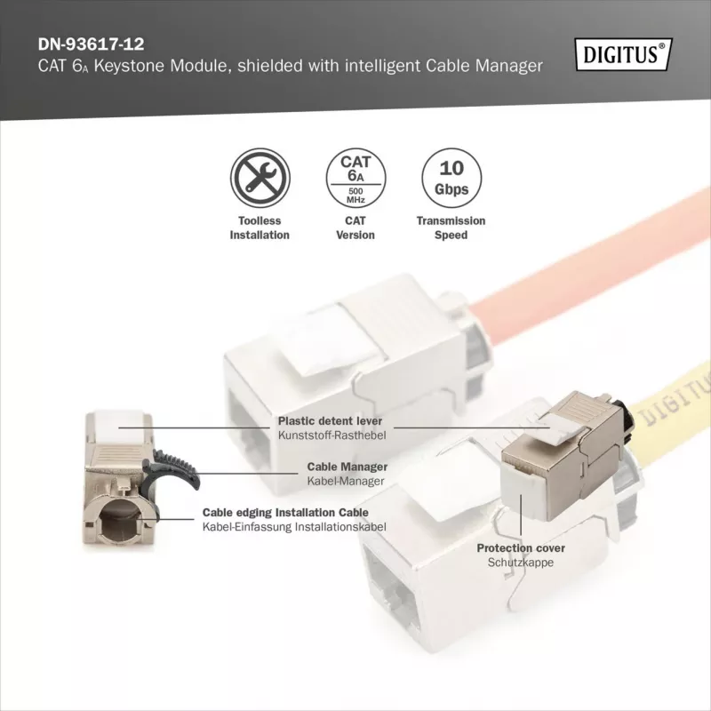 Digitus Cat.6A afgeschermde Keystone-module met intelligente kabelmanager, 12 stuks, zilver
