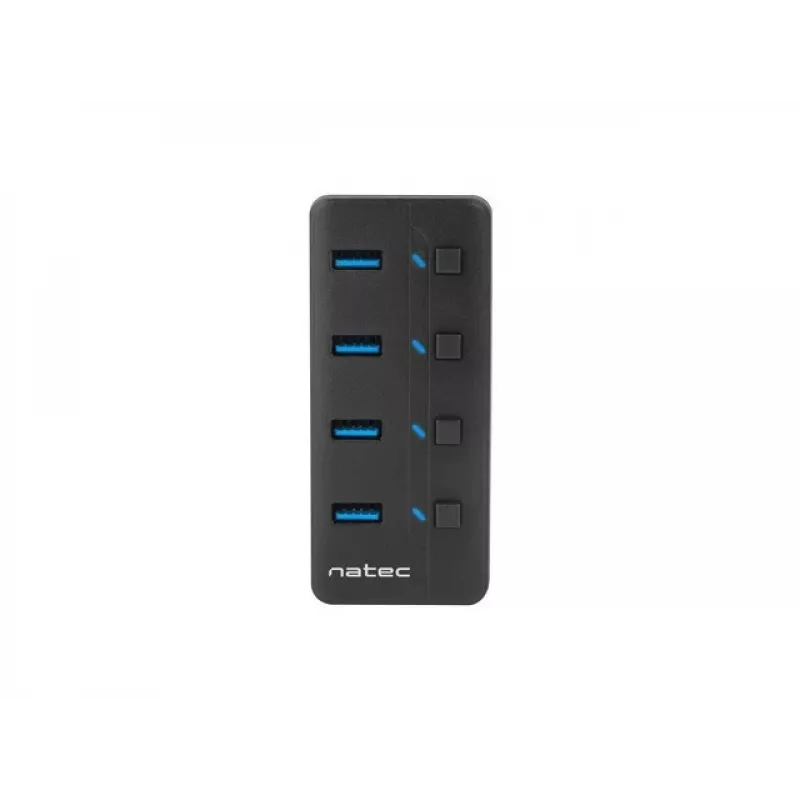 Natec Mantis 2 NHU-1557 usb 3.0-hub met 4 poorten, USB Type-B-ingang, aan/uit-schakelaars, netadapter, zwart