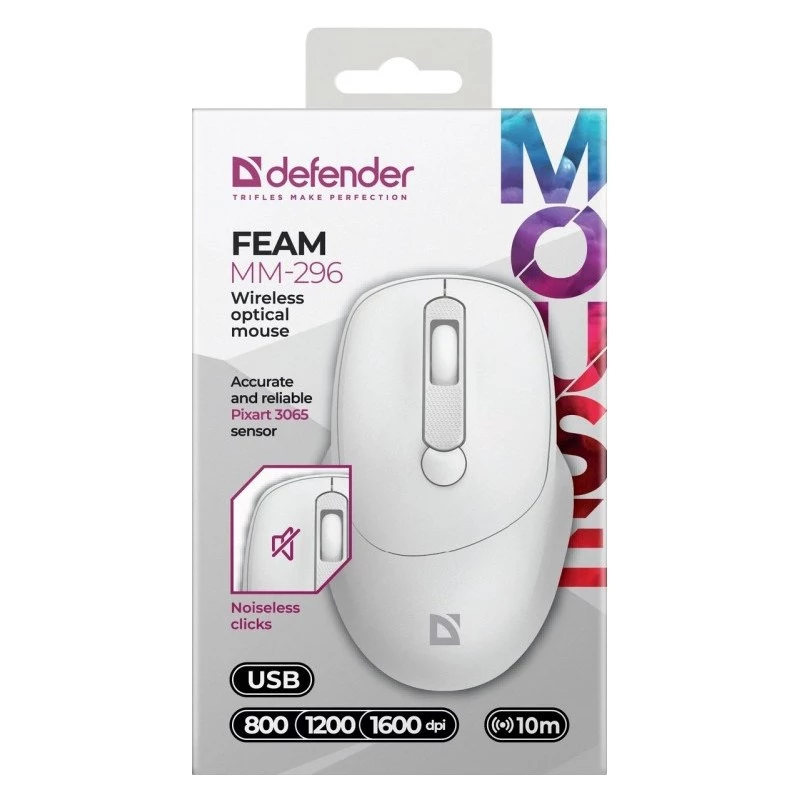 Defender Feam MM-296 52297 draadloze muis, stille klik, optisch, 1600 DPI, USB, wit