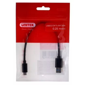 USB-C-naar-USB-A-kabel Unitek Y-C490BK 3.1 Gen1 (USB 3.0), 0,25 m, zwart, stekker-naar-stekker
