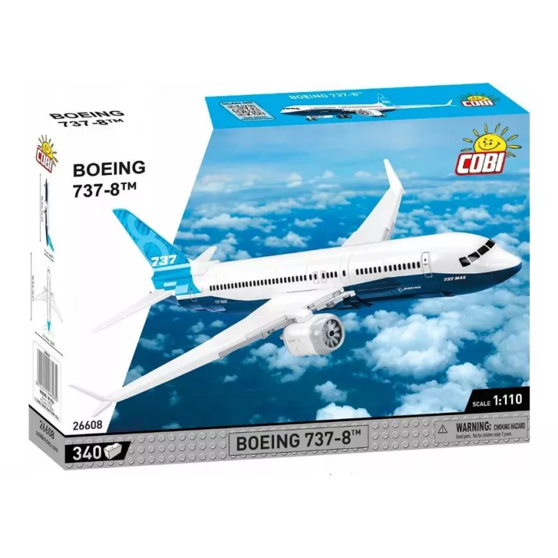 Bouwset Cobi Boeing 737-8 — 340 stukjes, aanbevolen leeftijd 7+, blauw en wit