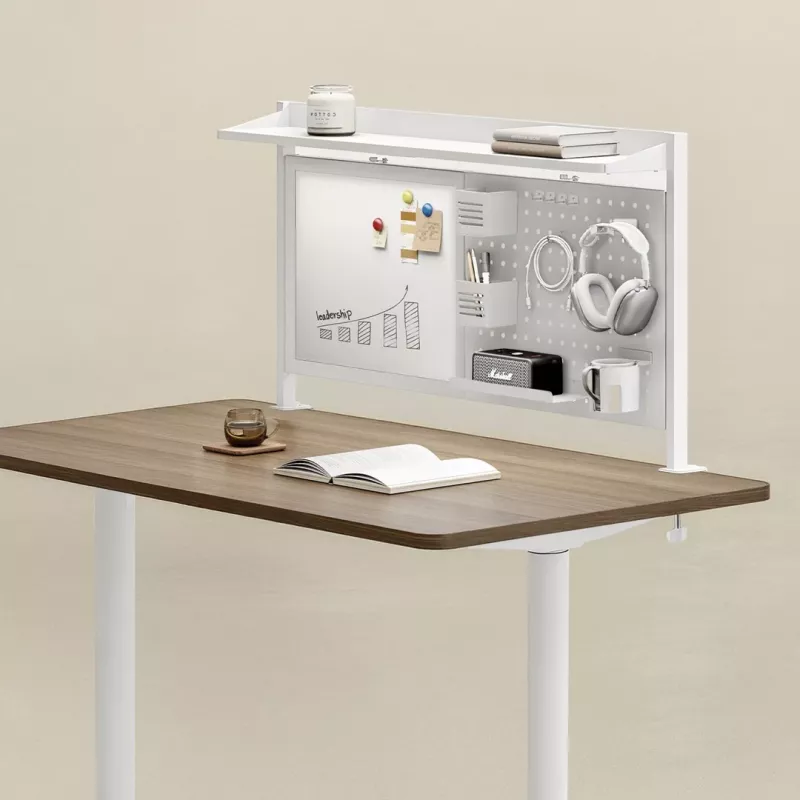 Bureaubladscheiding ergo office ER-301 W – 1116 mm brede stalen privacywand met magneetbord, wit, max. belasting 10 kg