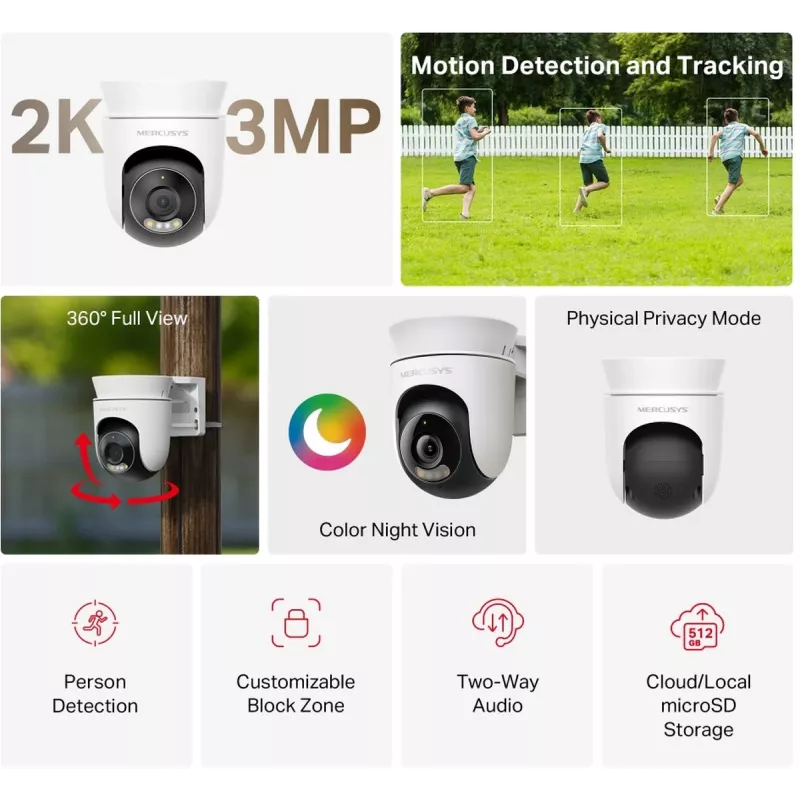 IP-beveiligingscamera MERCUSYS MC510 dome 2 MP, 2304×1296, 30 fps, wifi & ethernet, IR-nachtzicht, plafondmontage, wit