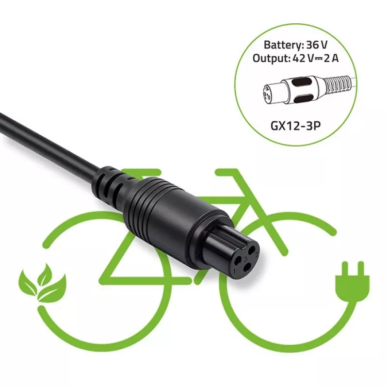 E-bike-oplader QOLTEC 36V–42V 2A met GX12 3-pins stekker