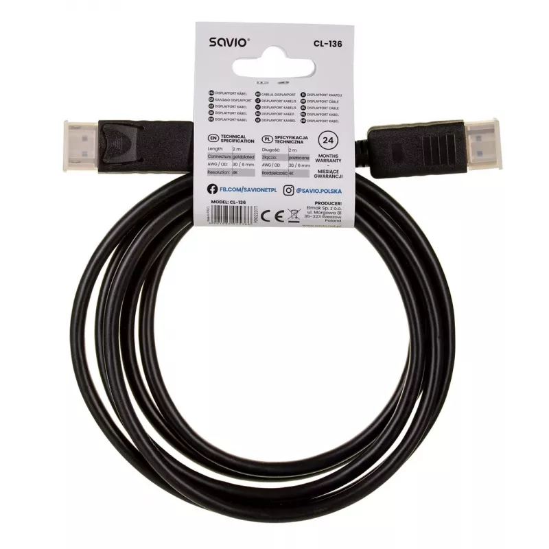 DisplayPort-kabel SAVIO CL-136, DisplayPort stekker–stekker, 2 m, DP 1.2, vergulde contacten, zwart
