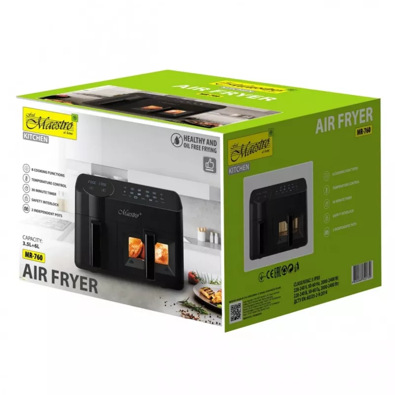 Elektrische heteluchtfriteuse Maestro MR-760 – tafelmodel met dubbele constructie, 3,5 L + 6 L, touchbediening, 2000–2400 W, zwart
