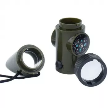 Multifunctioneel survivalfluitje Mil-Tec SP.22073 — 6-in-1 olijf, kompas, thermometer, spiegel, loep, licht, 100×35×30 mm