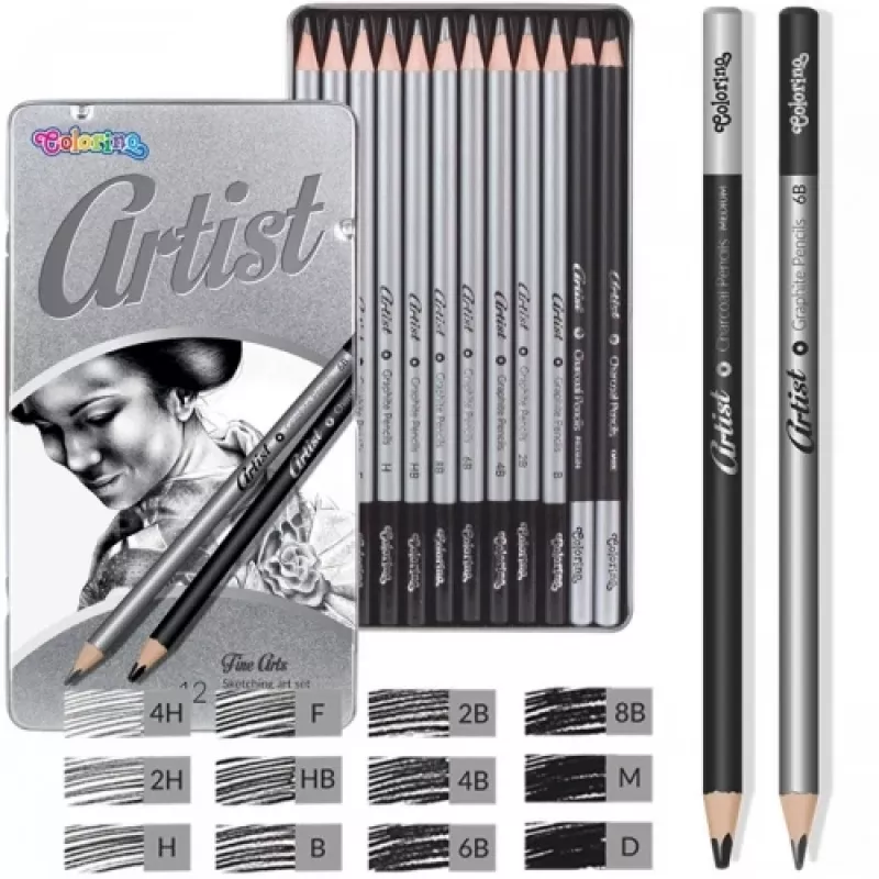 Colorino schetskunstset 80118PTR – 12-delige schetspotloden en accessoires