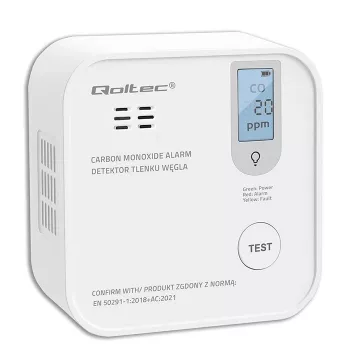 Koolmonoxide-sensor QOLTEC 52577 — batterijgevoed alarm, 85 dB geluidsniveau