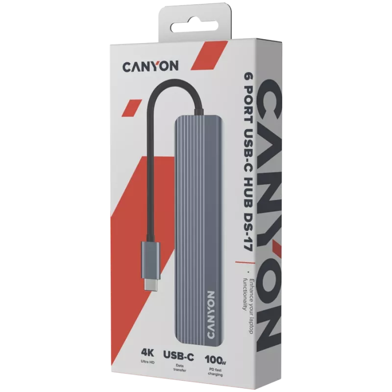 USB Type-C-hub CANYON DS-17 — HDMI, USB 3.2 Gen 1 A, USB-C, MicroSD, 10000 Mbit/s, grijs