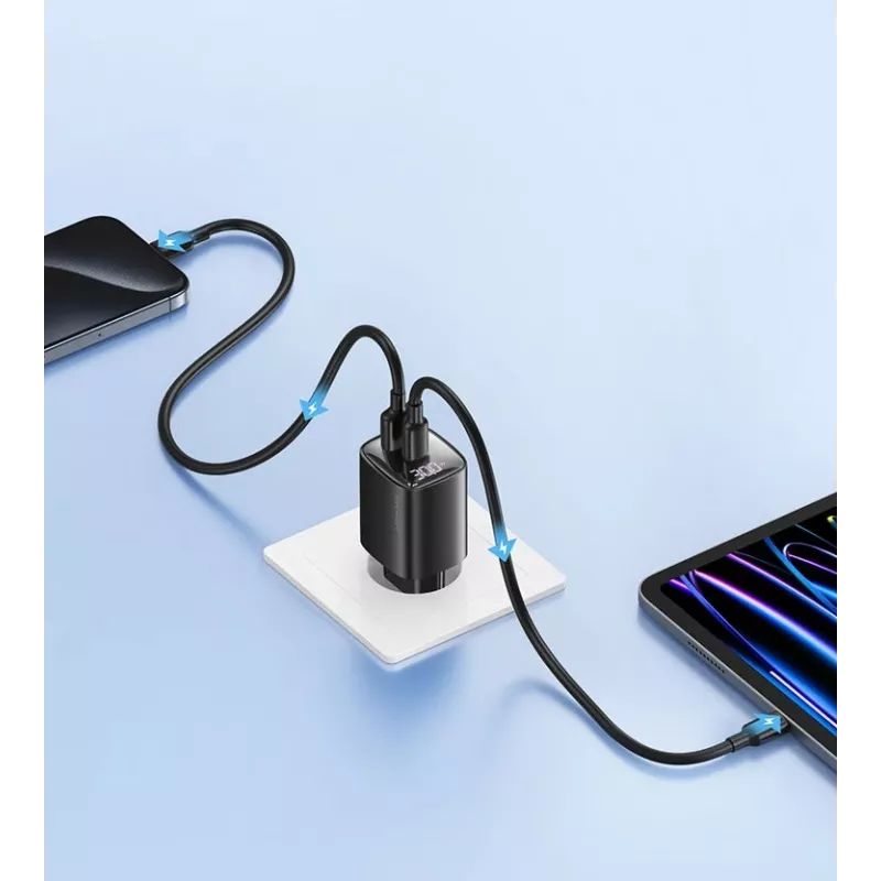 Oplader usams CC229 30W GaN USB-C en USB LED compacte reisoplader
