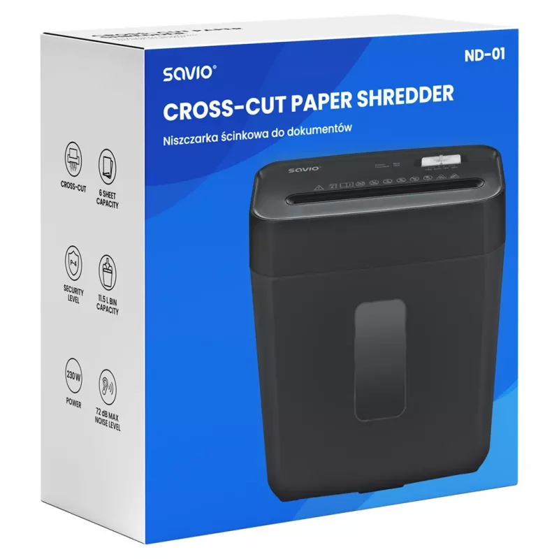 Papiervernietiger SAVIO ND-01, kruissnede 4 x 32 mm, 11 L bak, 230 W, zwart, 72 dB