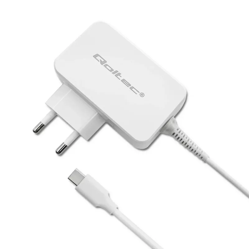 Qoltec 51039 65 W USB-C PD-voedingsadapter, 5–20,3 V, 2–3,25 A, ingebouwde USB-C-kabel, wit