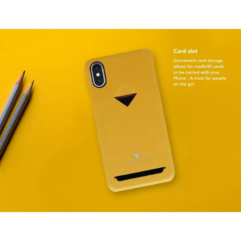 Telefoonhoes VixFox voor iPhone X/XS, mosterdgeel, achterkant met kaartvak