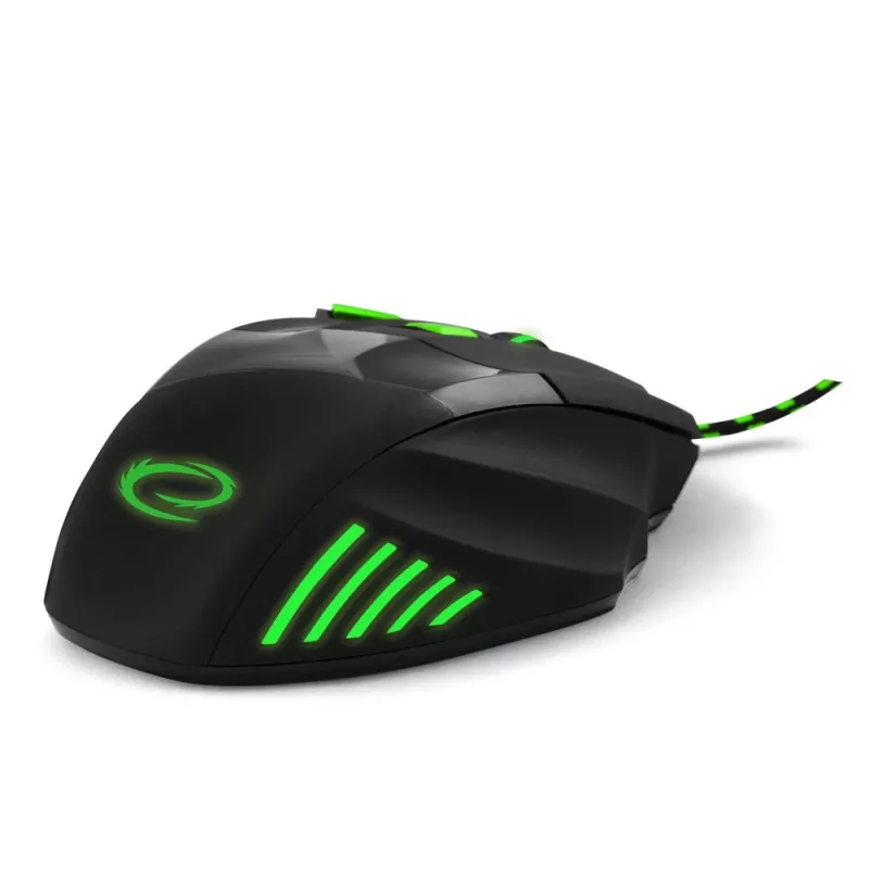 Bedrade gaming-muis ESPERANZA EGM201G — rechtshandig, optisch 2400 DPI, 7 knoppen, USB Type-A, 1,5 m kabel, zwart/groen