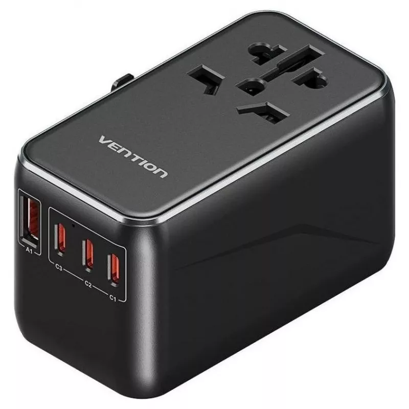 Oplader Vention FJGB0 100W GaN met 3× USB-C en 1× USB-A, zwart