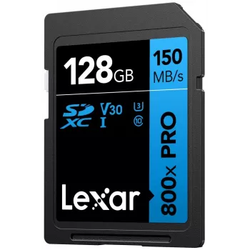 SDXC-geheugenkaart Lexar 128GB UHS-I 800xPRO Class 10 U3 V30 — 150 MB/s lezen, 45 MB/s schrijven, zwart