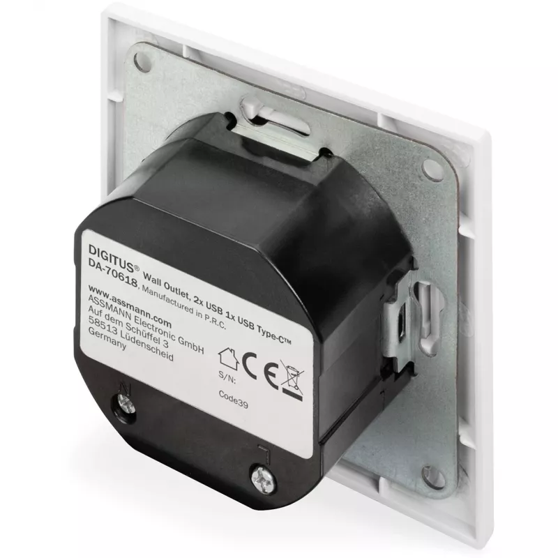DIGITUS DA-70618 - USB-uitgang - USB, USB Type C - 2 USB-aansluitingen, 1 USB-C-bus - 3,1 A - RAL 9003, signaalwit