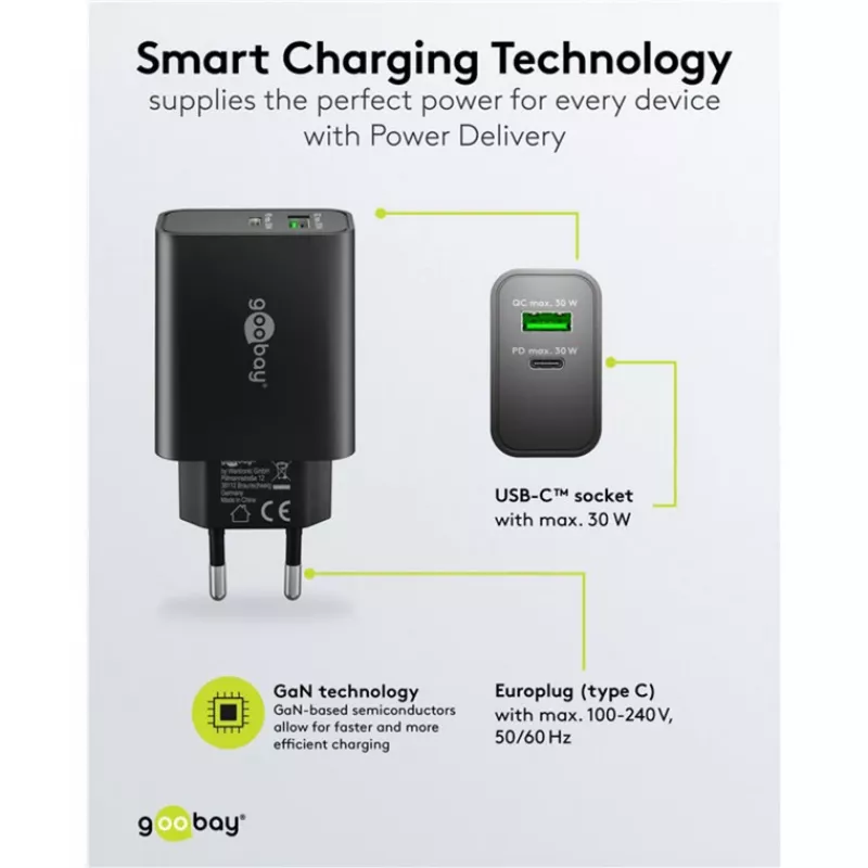 Goobay USB-C PD GaN Dual-snellader 30 W zwart (75335)