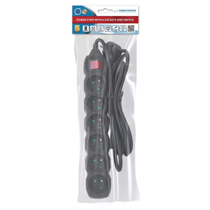 Esperanza ELK218K stroomverlenging 3 m 6 AC-stopcontact(en) binnen zwart