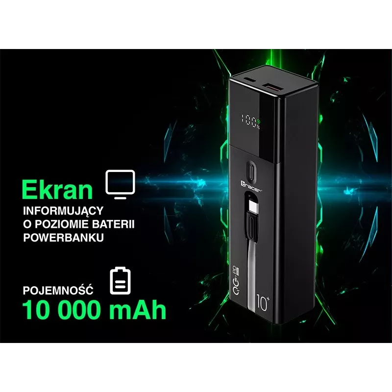 Draagbare powerbank TRACER Quant 10000 mAh Li-Ion, PD & QC3.0, 3 aansluitingen (2×USB-C, 1×USB-A), 100W, zwart