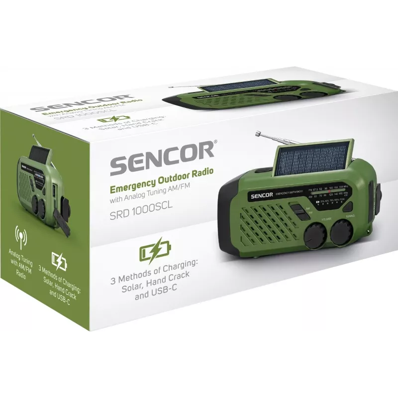 Draagbare UKW/MW-radio SENCOR SRD1000SCLGR met Bluetooth, solar-/slinger-/USB-C-laden, 2000mAh-accu, IPX4, LED-lampen