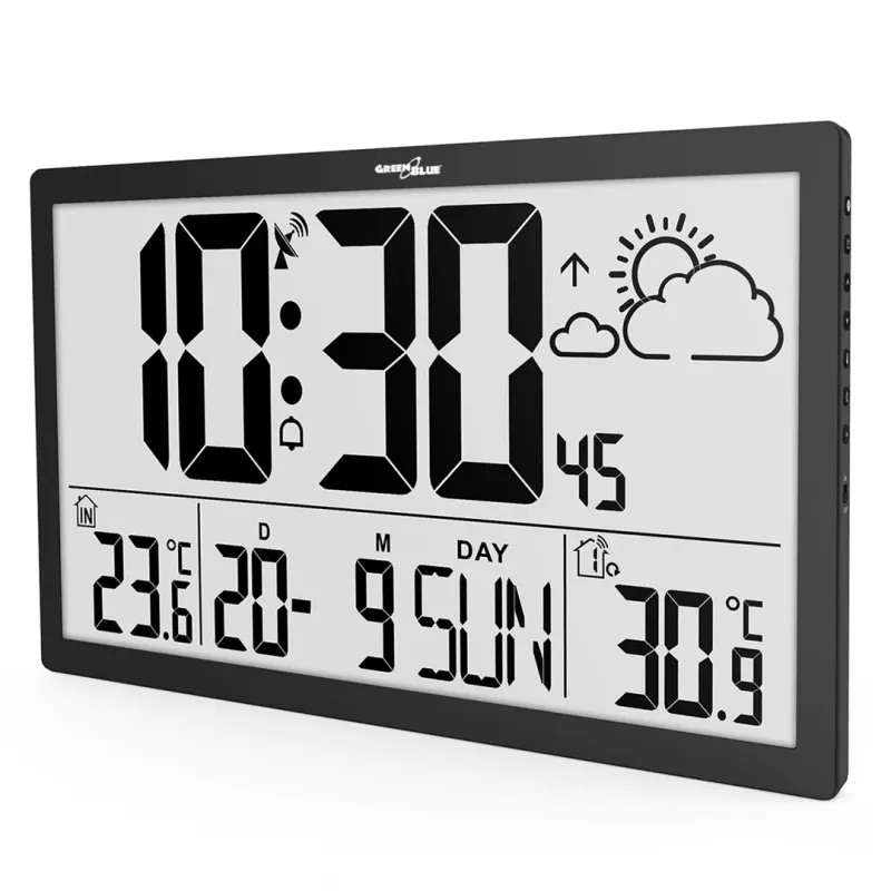 Wandklok GreenBlue GB218 — extra groot LCD, weerstation, binnen-/buitentemperaturen, datumweergave