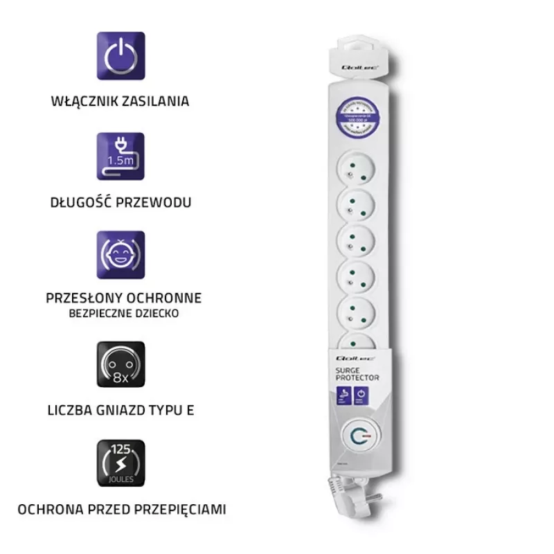 Overspanningsbeveiliging Qoltec 50293 wit 8 AC-stopcontacten 230 V