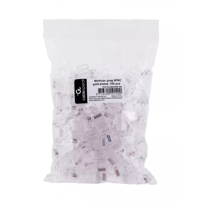 RJ45-stekker GEMBIRD PLUG3UP6/100, Cat5, rechte stekker, transparant, vergulde contacten, 100-pack