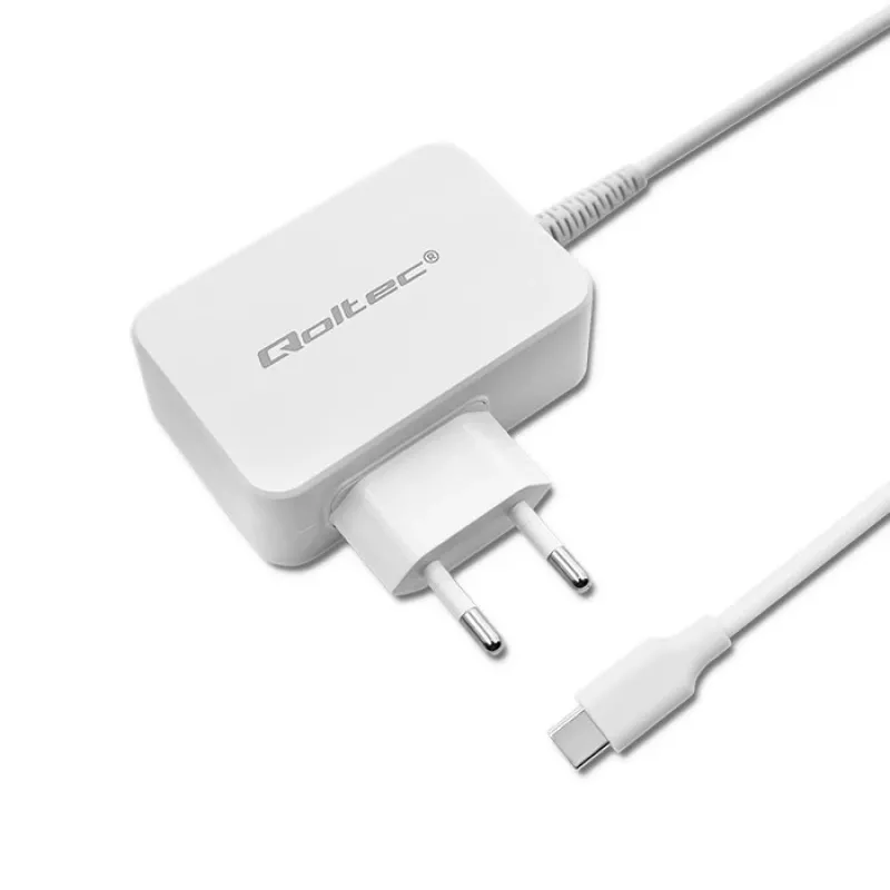 Qoltec 51039 65 W USB-C PD-voedingsadapter, 5–20,3 V, 2–3,25 A, ingebouwde USB-C-kabel, wit