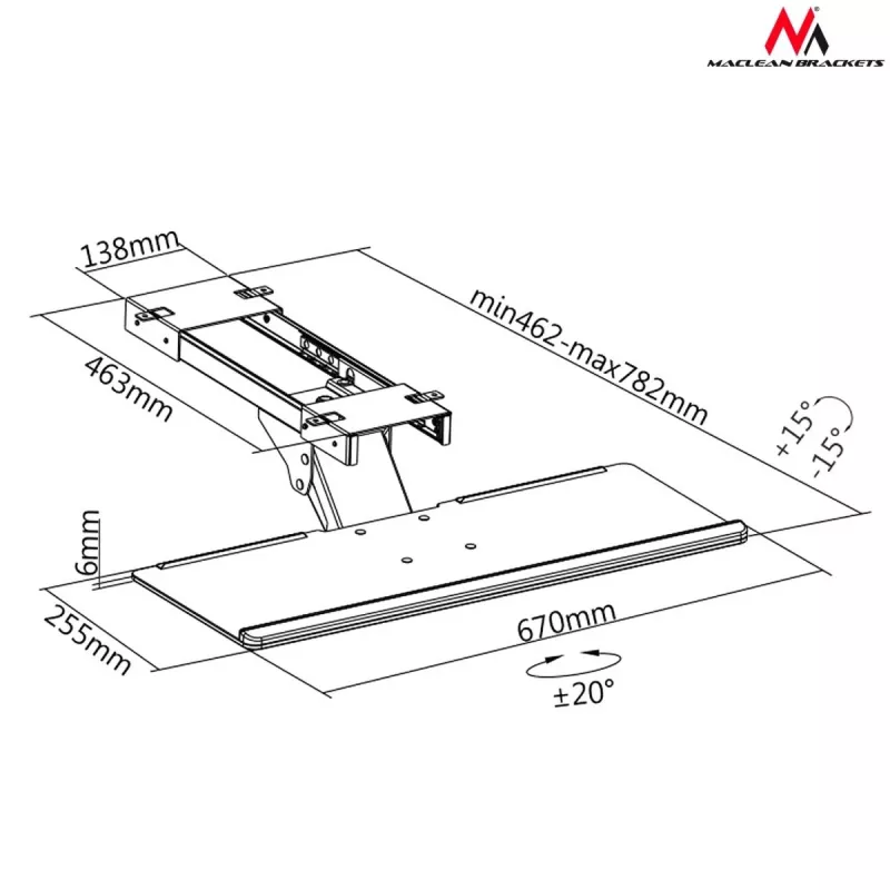 Maclean MC-757 toetsenbordlade onder het bureau, staal, max. 2 kg, zwart