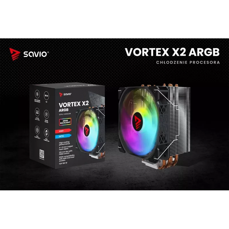 CPU-luchtkoeler SAVIO SAVGCOVORTEXX2ARGB met 4 heatpipes, 120-mm-ARGB-ventilator, zwart